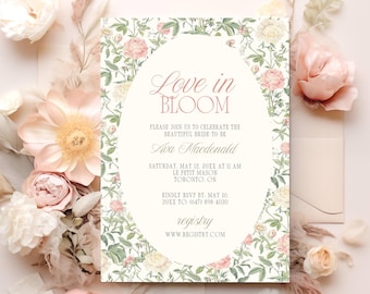 Love In Bloom Bridal Shower Invitation, Vintage Floral Garden Party Invite, Pink & Sage Editable Template 5x7
