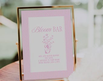 Bloom Bar Sign Template, Pink Stripes Flower Bar Sign, Make A Bouquet Bridal Shower Sign, Digital Download