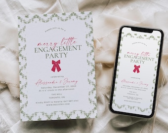 Merry Little Engagement Party Invitation, Holiday Invite Template, Digital Christmas Engaged Card, Printable & Mobile Text Invite AB09