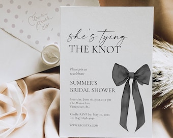 Shes Tying The Knot Invitation, Black Bow Bridal Shower Invite, Editable Template Digital Download AB10