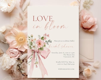 Love In Bloom Bridal Shower Invitation Template, Pink Bow Bridal Brunch Invite, Spring Floral Card Digital - AB11