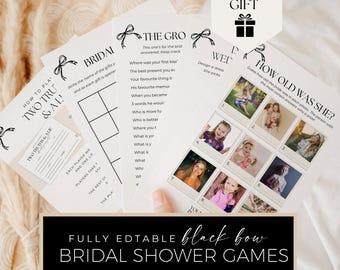 Black Bow Bridal Shower Games, Printable Fun Games Bundle, Wedding Shower Activities Card, Coquette Decor Digital AB06