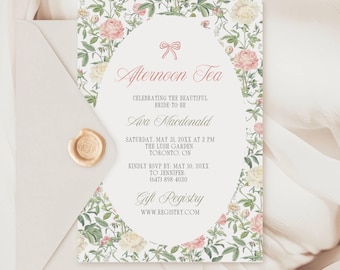 Afternoon Tea Bridal Shower Invitation, Vintage Floral Garden Party Invite, Digital Download 5x7"