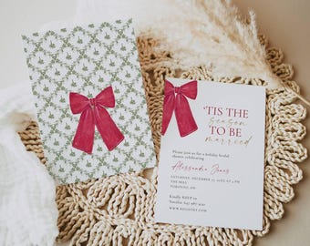 Tis The Season Christmas Bridal Shower Invitation, Holiday Invite Digital Download, Red Bow Bridal Shower Double-Sided Card AB09
