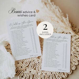 May include: Two Wedding Shoe Game cards with a neutral background. The cards have a list of questions for the couple to answer. The text "Bonus advice & wishes card" is at the top. The text "2 Sizes Included" is in a circle.