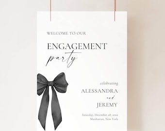 Engagement Party Welcome Sign Black Bow, We're Tying The Knot Sign Template, Digital Download AB10