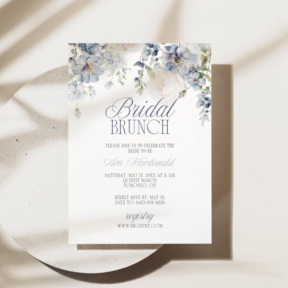 Blue Floral Bridal Brunch Invite, Elegant Bridal Shower Invitation Template, Digital Download 5x7