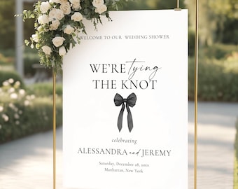 Couples Shower Welcome Sign, Black Bow Wedding Shower Poster, We're Tying The Knot Sign, Editable Template AB10