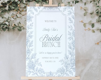 Blue Toile Bridal Shower Welcome Sign, Floral Welcome Poster Template, Chinoiserie Bridal Brunch Sign