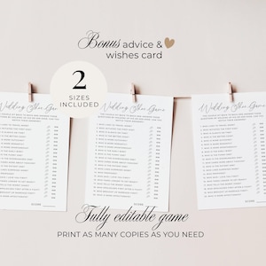 May include: Three printable "Wedding Shoe Game" cards with questions for the couple to answer. The cards are white with black text and are held by wooden clips. The text includes "Bonus advice & wishes card", "2 sizes included", and "Fully editable game".