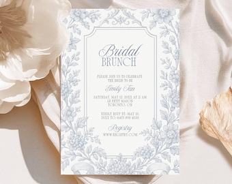 Blue Toile Bridal Brunch Invitation, Chinoiserie Bridal Shower Invite Template, Diy Digital Download 5x7