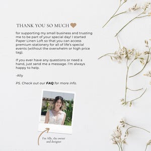 May include: A white background with text that reads "THANK YOU SO MUCH" and a message from Paper Linen Loft. The image includes a small photo of a woman and decorative floral elements.