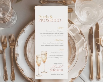 Pearls and Prosecco Bridal Shower Menu, Bridal Brunch Menu Template, Printable Place Setting Card, Brunch and Bubbly Menu AB01