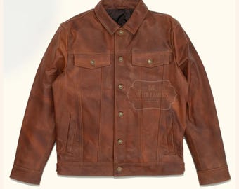 Męska kurtka typu trucker z brązowej skóry w stylu vintage, z pikowaną podszewką, ręcznie robiona