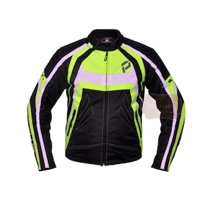 May include: Black motorcycle jacket with neon green and lavender accents. The jacket features a full-length zipper, a stand-up collar, and the letter "P" on the chest. The jacket has a fitted design and is labeled "XS".