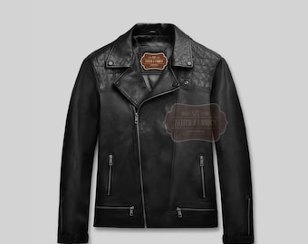 Men's Black Leather Biker Jacket Quilted Shoulders Genuine Lambskin Moto Jacket Slim-Fit Motorcycle Wear