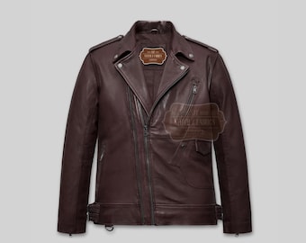 Men's Handmade Maroon Lambskin Leather Biker Jacket