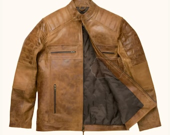 Handgemaakt noodlijdend bruin lamsleer cafe racer-bikerjack heren