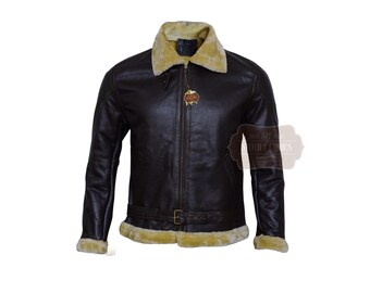 Chaqueta Bomber de Cuero para Hombre con Cuello de Piel Shearling – Chaqueta de Vuelo Aviador Vintage para Hombre