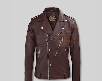 Men's Lambskin Leather Biker Jacket: Maroon Moto, Slim Fit