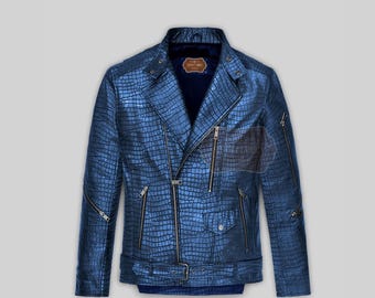 Herren Bikerjacke aus blau geprägtem Krokodilleder aus Lammleder