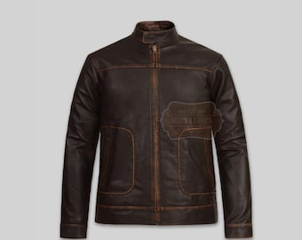 Men's Distressed Brown Leather Jacket Vintage Style Biker Moto Cafe Racer Real Lambskin Handmade