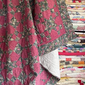 Vintage Pink Floral Patchwork Quilt – Handmade Calico Bedspread (92" x 76")