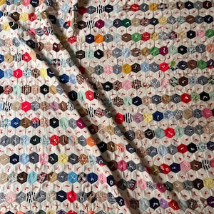 Vintage Scrappy Hexagon Quilt - Handmade Hexies Throw, Multicolor Hexagonal Patchwork