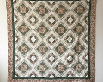 Handmade Card Trick Quilt Sage Green and Floral Illusion with Rose Border