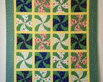 Vintage Pinwheel Quilt Sunny Yellow Pastel Floral Calico Full Twin Size Handmade Bedding