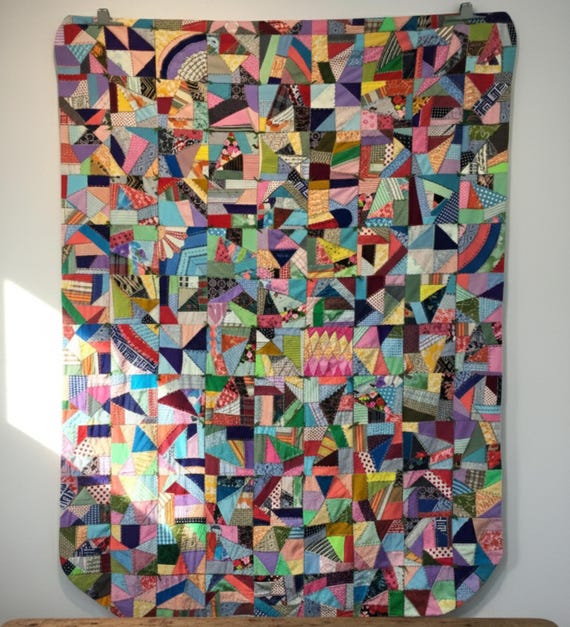 Handmade Scrappy Crazy Quilt Vibrant Rainbow Patchwork Throw with Freeform Design