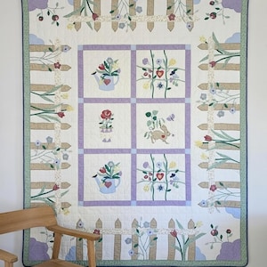 Vintage Garden Applique Quilt Picket Fence Watering Can Bunny Flowers Pastel