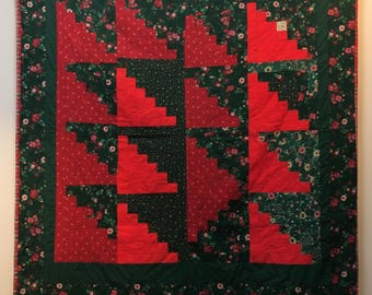 Handmade Log Cabin Quilt Christmas Red and Green with Plaid Border