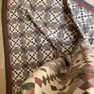 Antique 1960s Primitive Nine Patch American Cotton Quilt — 90x70"