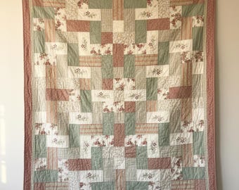 Handmade Rail Fence Quilt Soft Sage Green and Rose Floral with Checker Border
