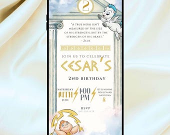 May include: Digital invitation for a second birthday, featuring Hercules and Pegasus cartoon illustrations. The invitation includes the text "Join us to celebrate Cesar's 2nd Birthday" and event details, set against a cloudy sky.