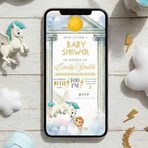 May include: A baby shower invitation displayed on a smartphone screen. The invitation features a gold and white design with the text "Baby Shower" and details for Emily Smith. A Pegasus illustration and decorative elements surround the text.