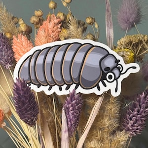 May include: A sticker featuring a cartoon pill bug in shades of gray and tan, with a white border. The sticker is set against a backdrop of dried flowers in various colors, including purple, orange, and beige.