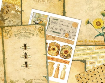 Save The Bees printable paper crafting kit and bee embellishments. Vintage journaling supplies 002315