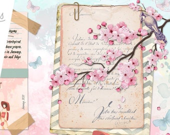 Soft Sakura Junk Journal Kit, Cherry Blossom Journal Kit, Japanese Decor, Flower Journal Kit, Kawaii Journal Kit, Ephemera Journal 002148