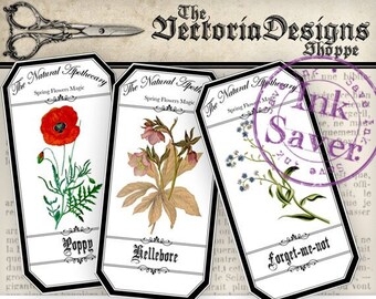 Apothecary flower labels collage sheets. Digital embellishments crafting tags for scrapbooking 000904