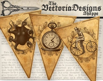 Printable Steampunk Banner Bunting party banner instant download digital collage sheet VD0747
