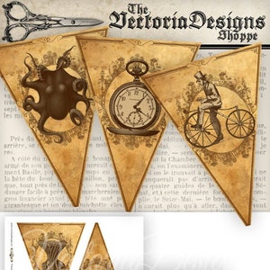 Printable Steampunk Banner Bunting party banner instant download digital collage sheet 000747