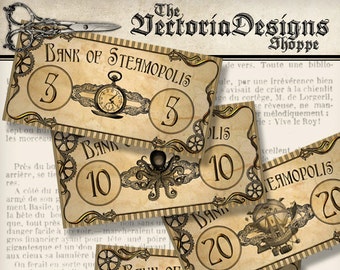 Steampunk Money party printable game decor decoration crafting scrapbooking instant download digital collage sheet - 001378