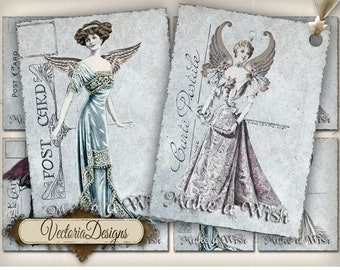 Victorian background Christmas tags. Printable digital Angel images for download by Vectoria Designs 000253
