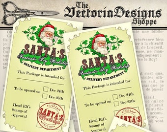 Christmas gift tags printable digital labels. Vintage Santa workshop stickers for scrapbooking 001006