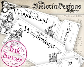 Alice in Wonderland Entry Tickets printable invitation ticket add text ink saver digital download sheet file instant download - 000121