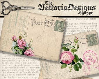Vintage Rose Postcards 5 x 3.5 inch printable paper crafting scrapbooking card making instant download digital collage sheet - 001379