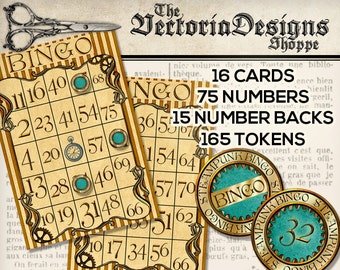 Steampunk Bingo Set Printable Bingo Game Bingo Cards Numbers digital download instant download digital collage sheet - 1301