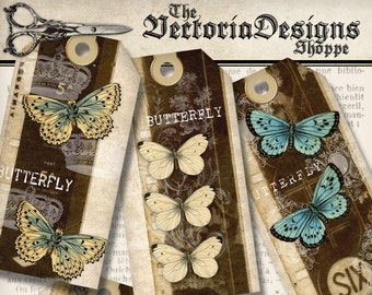 Grunge Butterfly Tags printable paper craft shabby art hobby crafting scrapbooking instant download digital collage sheet - 001336